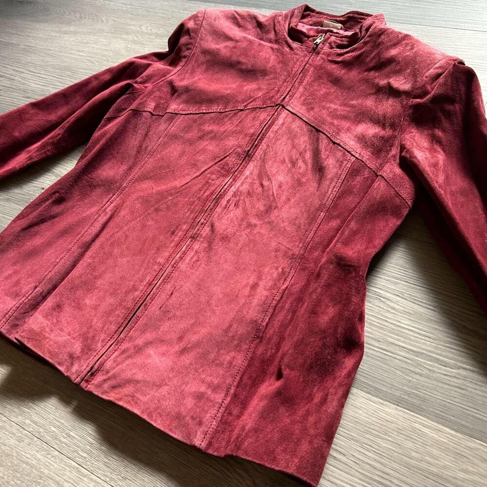90s Burgundy Genuine Suede Zip-Up Jacket, Petite Medium